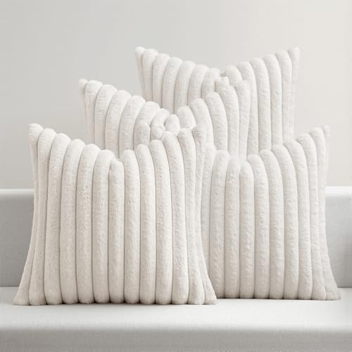 MIULEE Faux Fur Plush Decorative Throw Pillow Covers 18x18 Set of 4, Spring Modern Soft Fuzzy Striped Cushion Covers for Spring Sofa Couch Bed Living Room Cozy Home Decor,Pure White - color: Pure White, size: 18" x 18" (Pack of 4)