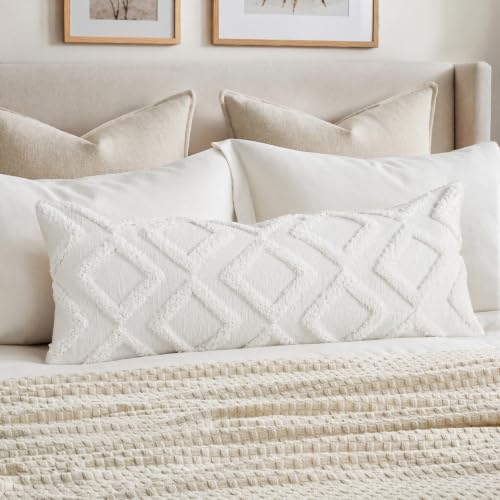 NUYECY Diamond Pattern Extra Long Pillow Covers 14 x 36,Plush Chenille Decorative Long Lumbar Pillow Covers Pillow Case Cushion Case for Sofa Couch Bed Livingroom Farmhouse,Modern Boho,Cream White - color: White, size: 36" x 14" (Pack of 1)