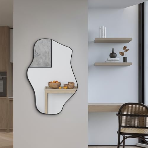 Irregular Wall Mirror, 21"x14" Asymmetrical Mirrors, Modern Frameless Mirror for Wall, Unique Shaped Mirrors for Living Room Bathroom Bedroom Hallway Entryway Fireplace - color: Black, size: 21"L x 14"W