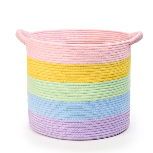 Blanket Basket (16" Dx14 H) - Round Woven Rope Storage for Living Room Throws, Pillows & Laundry- Rainbow - color: Rainbow, size: 16" X 16" X 14"