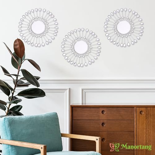 Silver Mirrors 3 PCE, 9 inchSunburst Mirror Hanging Wall Decor, Valentine Decorative Mirror Wall Art, Round Mirrors for Bedroom Living Room Bathroom Kitchen, Warming Valentine Gifts - color: Sliver- C