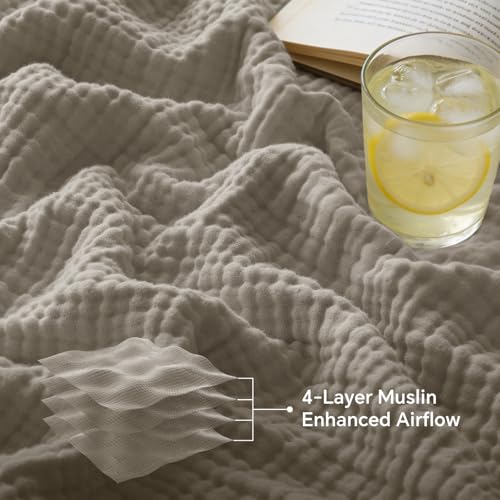 BEDELITE 100% Cotton Muslin Blankets for Adults - 4-Layer Large Throw Breathable and Lightweight Gauze Blanket for Couch, Bed, Travel and Summer, Soft & Cozy Gift for Women, Taupe, 50"x70" - color: Taupe, size: Throw XL(50"x70")