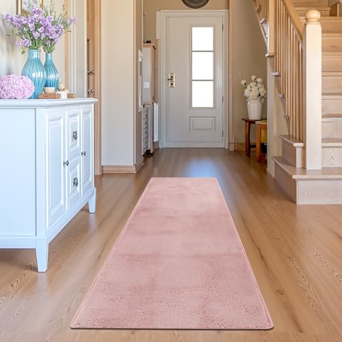 jinchan Solid Plush Runner Rug 2x6 Performance Shaggy Washable Hallway Rug Soft Modern Faux Wool Cozy Non Slip Carpet for Bedroom Laundry Room Living Room Kids Nursery Pink - color: Solid Pink, size: 2' x 6' (Runner)