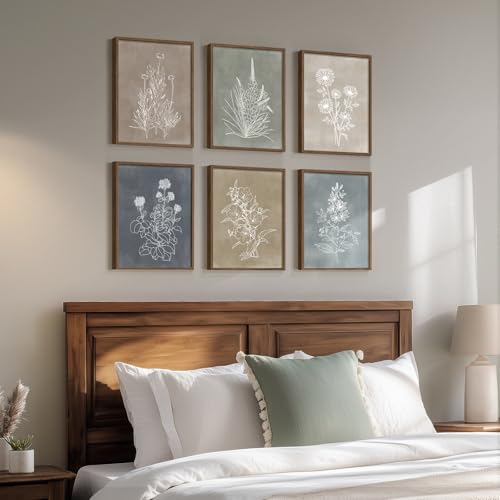 Framed Boho Botanical Wall Art for Living Room, 6 Piece Modern Farmhouse Neutral Floral Canvas Painting Prints, Minimalist Vintage Flower Plants Line Artwork for Bedroom Hallway Wall Decor, 11x14 In - color: Neutral - Walnut Framed, size: 11" W x 14" H x