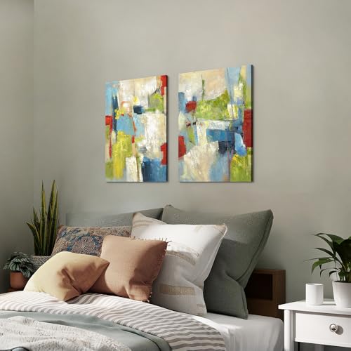 ArtSquare Abstract Canvas Wall Art: Hand Painted Colorful Graffiti Prints 2 Pieces Green Blue Textured Painting for Office - color: colorful, size: 24”x16”x2