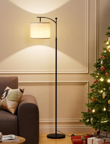Ambimall Tall Floor Lamps with 3 Color Temperatures Bulb & Adjustable Linen Shade, for Living Room, Bedroom, Office, Classroom, Dorm Room (9W Bulb Included), Beige & Black, 60" - color: Beige & Black