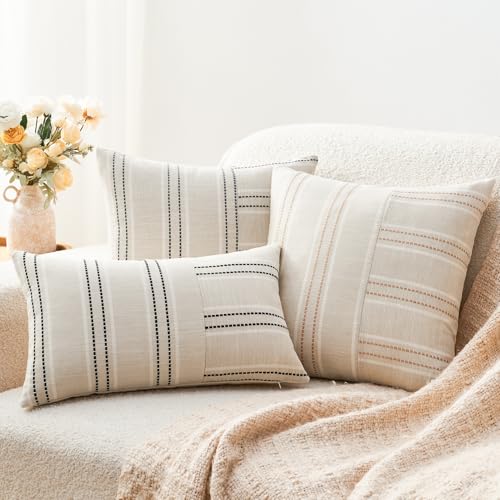 Throw Pillow Covers Set of 2 12x20 Inch Striped Pillow Covers, Soft Decorative Cotton Lumbar Neutral Khaki Textured Case for Couch Sofa Bed Living Room, Home Modern Farmhouse Cute Decor - color: Khaki, size: 20" x 12" (Pack of 2)