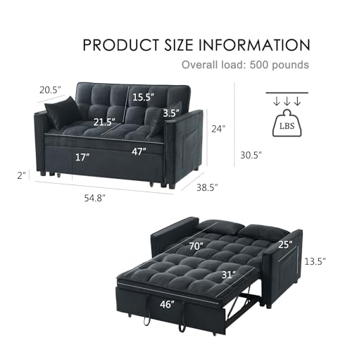Futon Sofa Bed,Modern 3 in 1 Convertible Sleeper Sofa, Pull Out Couch Bed with Adjustable Backrest, Storage Pockets and Toss Pillows for Living Room, Bedroom (Black) - color: Black
