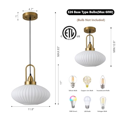 12 Inch Milk Glass Pendant Lights Vintage Chandelier Pendant Lighting Modern Mid Century Hanging Lights Adjustable Kitchen Island Light for Dining Room Bedroom Hallway - color: 12 Inch White
