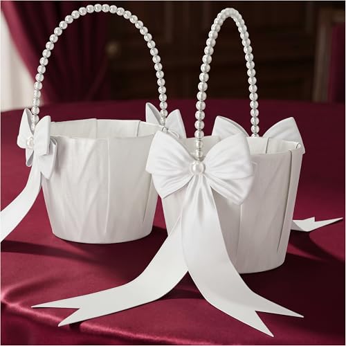 Flower Girl Basket Set of 2 - Dreamy Ivory Satin Basket with Pearl Handle, Bow & Ribbon - Summer Wedding Ceremony, Bridal Shower, Petal Toss, Floral Centerpieces, Flower Girl Proposal & Photo Props - color: Ivory
