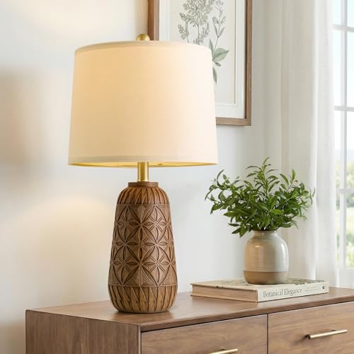 BOBOMOMO 24" Modern Farmhouse Table Lamp, Geometric Hand-Carved Resin Bedside Lamp with Wood Grain Finish, Rustic Nightstand Lamp for Bedroom & Living Room, Cottage Decor, Rotary Switch - size: 24"