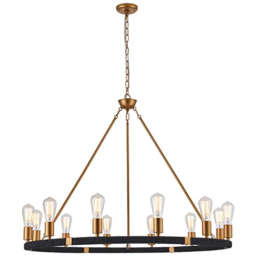 12-Lights Wagon Wheel Chandelier Bohemia Black Hand Woven Rattan Chandelier Farmhouse Large Brass Pendant Light for High Ceilings Living Room Dining Room, Dia 42 Inch, UL Listed - color: Brass&Black