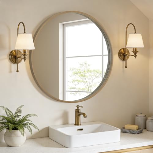 WallBeyond Round Wood Mirror, 32" Round Modern Decoration Large Circle Wall Mirror for Bathroom Living Room Bedroom Entryway, Honey - color: Honey, size: 32"L x 32"W