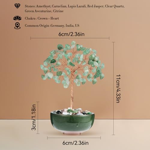 Green Aventurine Crystal Tree with Ceramic Base,Natural Gemstone Feng Shui Money Tree for Wealth,Good Luck & Positive Energy,Handmade 5 Inch Healing Abundance Bonsai for Home Office Decor - color: Green Aventurine Vase Tree-2