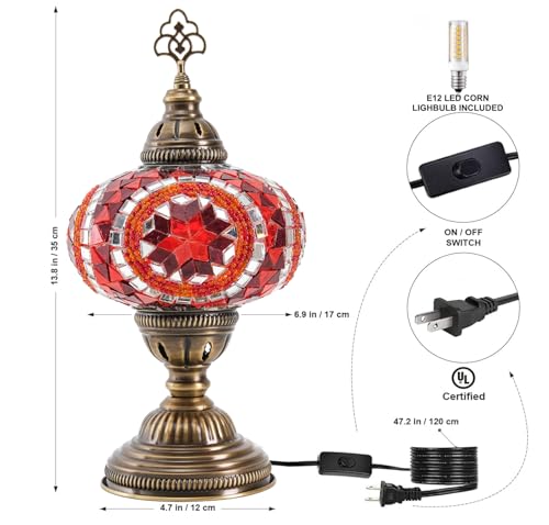 Turkish Mosaic Desk Lamp with Bulb – Orange Red Tiffany-Style Glass, Vintage Bohemian Bedside & Salon Decorative Light with E12 Socket & US Plug - color: Orange Red