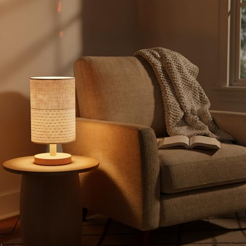 AFORTLO Table Desk Lamp, Small Fabric Boho Decorative Nightstand Night Light Solid Wood Base Lamp for Bedroom,Living Room,End Table or Office with Bulb (Brown Knit Fabric)