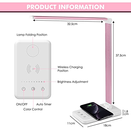 LED Desk Lamp with Wireless Charger, USB Charging Port, Desk Lighting with 10 Brightness, 5 Color Modes, Dimmable Eye Caring Reading Desk Lamps for Home Office, Touch Control, Auto Timer, Pink - color: Pink, size: PRO