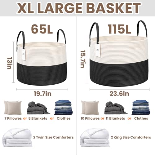 JMvicyroam 65L Extra Large Blanket Basket for Living Room - Woven Cotton Rope Laundry Hamper with Reinforced Handles - Storage Bin for Pillows, Comforters & Toys - Machine Washable,White&Black - color: White&Black, size: 65L
