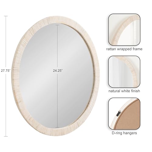 Kate and Laurel Rahfy Boho Round Rattan Mirror, 28 Inch Diameter, White, Decorative Circle Mirror with Wrapped Authentic Rattan Frame for Vanity Bathroom Mirror - color: White, size: 27.8"L x 27.8"W