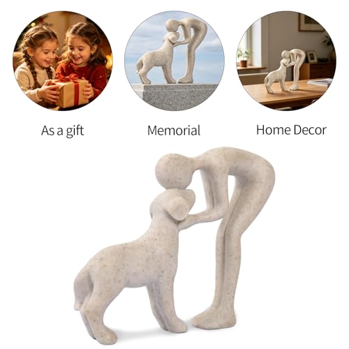 Abstract Resin Hand-Painted Sculpture of Person and Dog Bonding – Head-to-Head Intimate Figurine Decoration for Office、Living Room、Bedroom、Home， Memory Gifts for Pet Lovers (Sandstone) - color: Sandstone