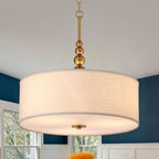 Shrine Lighting Drum Chandeliers, Farmhouse Style, Perfect Drum Pendant Light for Dining Room, D20'' x H8'', Adjustable Chains 59'', E26*3 Sockets, White Linen Fabric Lampshade & Gold Rod - color: Gold Rod&White Shade D20''