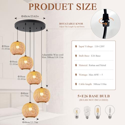 5-Light Staircase Bamboo Light Fixture Basket Weave Pendant Light Shade Boho Large Rattan Chandelier Coastal Wicker Pendant Hanging Lights for Foyer Living Room Farmhouse - color: Bamboo, 5-Light