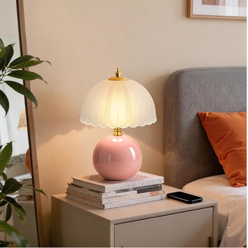 PARTPHONER Mushroom Table Lamp, Ceramic Bedside Lamp with Glass Shade, 3-Way Lighting (2700K-5000K) Rocker Switch, Small Nightstand Lamp for Bedroom, Living Room, Office, Pink - color: Pink