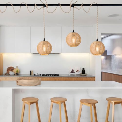 3 Lights Plug in Pendant Light with Cord On/Off Switch Rattan Hanging Lamp with 22ft Hand Woven Wicker Plug in Chandelier Boho Hanging Lights Fixture for Bedroom Kitchen Hallway Foyer - size: Plug 3 Lights Round