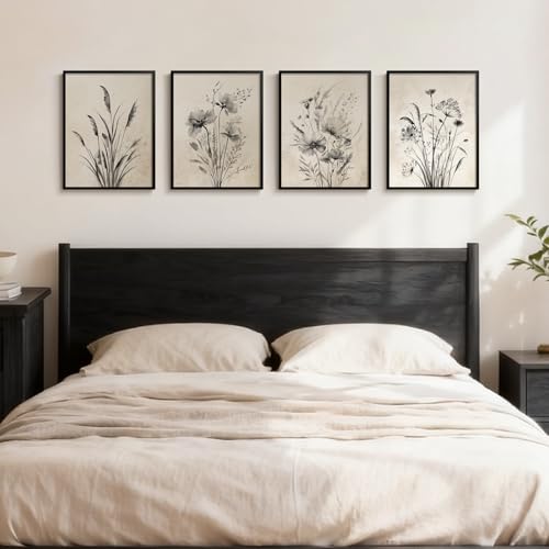 Framed Vintage Botanical Wall Art, 4 Piece Neutral Rustic Boho Floral Canvas Painting Prints for Modern Farmhouse, Black and White Flower Pictures for Living Room Bedroom Dining Room Wall Decor, 12x16 - color: Misty - Black Framed, size: 12" W x 16" H x 4