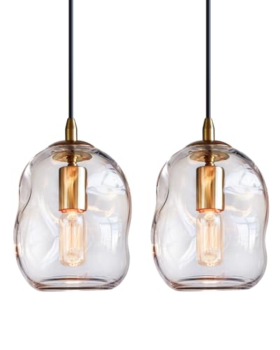 CASAMOTION Pendant Lights Kitchen Island 2 Pack Modern Contemporary Clear Glass Organic Globe Brass Gold Hanging Light Adjustable Cord Bedroom Dining Table Small Medium Lamp 8 Inch - color: Clear+Gold 8"H-2 Pack