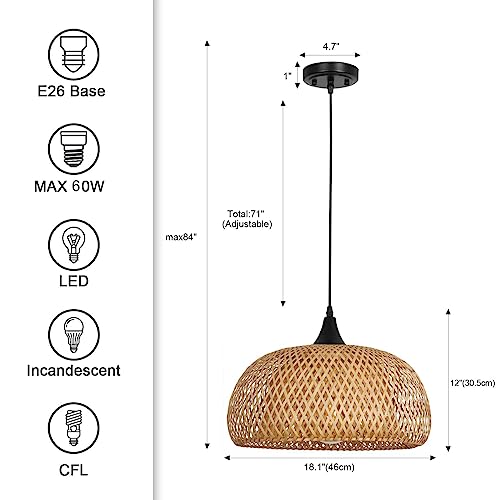 Rustic Farmhouse Bamboo Pendant Light - 18 Inch Large Dome Handwoven Ceiling Mounted Bamboo Chandelier Shades, Coastal Beach Hanging Rattan Light Fixture for Kitchen, Dining, Living Room - size: 5514L