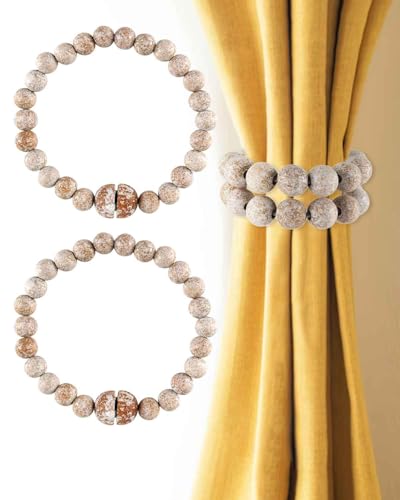 Rustic Farmhouse Tiebacks Magnetic Beaded - Strong Magnets 2 Pack, White Washed - color: White Washed