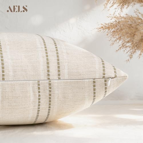 AELS 20x20 Decorative Farmhouse Linen Blend Throw Pillow Covers, Boho Textured Pillow Case, Set of 2, Beige with White & Brown Stitch Yarn Dyed Stripe Cushion Cover for Sofa Living Room (Cover O - color: Beige With White & Brown, size: 20" x 20" (Pack of