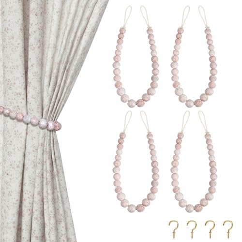 Hion 4 Pcs Boho Curtain Tiebacks,Wood Beads Curtain Holdbacks,Outdoor Farmhouse Tie Backs for Curtains,Curtain Holders for Drapes Home Office Decor with Hooks(White Washed) - color: White Washed, size: 4 Pack