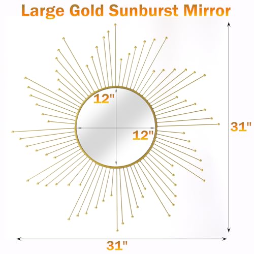 Large Gold Sunburst Mirror - 31" Starburst Wall Mirror with 12" Round Glass, Mid-Century Modern Elegant Gold Sun Mirrors for Living Room, Bedroom, Entryway Decor - size: 31"L x 31"W