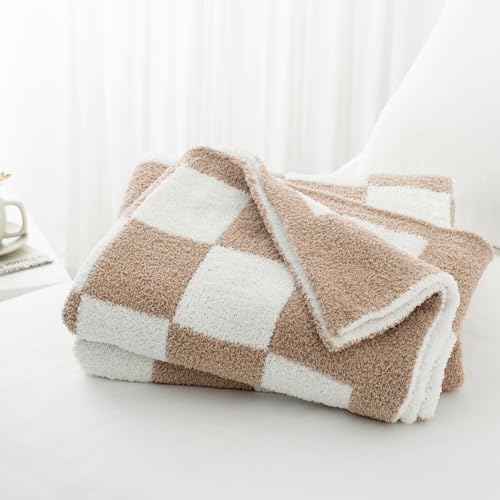 Carriediosa Checkered Throw Blanket 50" X 60", 400GSM Ultra Soft Microfiber Fuzzy Fluffy Reversible Cute Preppy Knitted Blankets Cozy Plush Fall Throws for Couch, Bed, Sofa, Taupe - color: Check - Taupe, size: 50" X 60"