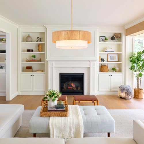 24'' Farmhouse Rattan Chandeliers for Dining Room,3-Light Boho Light Fixtures Rattan Pendant Light Fixture with Fabric Shade Drum Chandeliers for Bedroom Dining Room Foyer Kitchen Hallway - color: Gold, size: 24 inch Drum