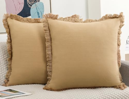 NUYECY Set of 2 Natural Linen Fringed Throw Pillow Covers,Khaki Neutral Decorative Pillowcase with Chic Tassel Burlap Boho Large Cushion Covers for Couch Sofa Farmhouse,28x28 inches - color: Khaki, size: 28" x 28" (Pack of 2)