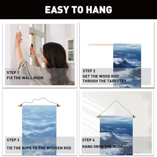 PLIGREAT 2 Pack Ocean Sea Long Tapestry Blue Narrow Vertical Hanging with Tassels Oil Painting Ocean Wall Tapestry for Bedroom Bathroom Living Room Long Walls Hanging Home Art Decor Housewarming Gift - color: Blue and White