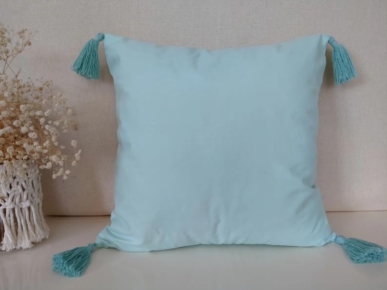 Boho Macrame Floral Throw Pillow Cover with Corner Tassels, Light Turquoise Hand Knitted Fringe Decorative Square Cushion Case for Sofa Couch Bedroom Home Decor, 18x18 Inch (Pillow Insert Not Included