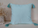Boho Macrame Floral Throw Pillow Cover with Corner Tassels, Light Turquoise Hand Knitted Fringe Decorative Square Cushion Case for Sofa Couch Bedroom Home Decor, 18x18 Inch (Pillow Insert Not Included