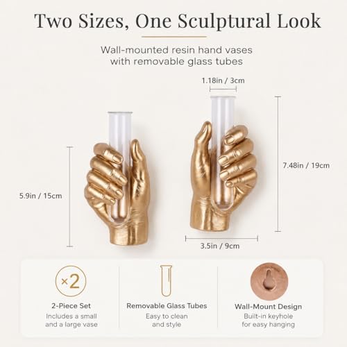 2Pcs Wall Hand Vase,Vintage Art Decor,Life-Size Hand Sculpture with Glass Test Tube Vase,Unique Wall Art Statue for Indoor or Outdoor,Maximalist Boho Whimsical Decor,for Women (2, Gold) - color: Gold