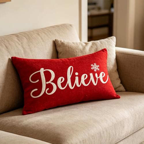 Happy Winter Snowflakes Believe Merry Christmas Throw Pillow Cover Cushion Case Cotton Linen Material Decorative Lumbar 12X20 inches - color: A
