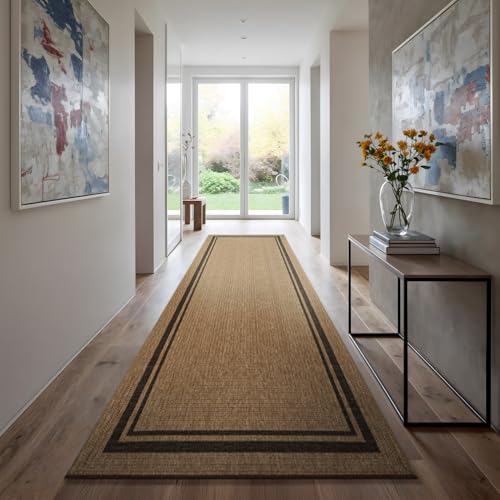 Beverly Rug Easy Jute Bordered Runner Rug 2x7 Washable Durable Indoor Outdoor Area Rugs for Living Dining Room Patio Office Stain Resistant Non Shedding Casual Indoor Outside Carpet 2 x 7 Natural - color: Bordered/Natural-black, size: 2' x 7' (Rectangular