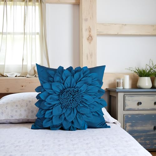 Bella's Giftshop Navy Blue Decorative Throw Pillow Covers 18x18 Inch for Bed Sofa Couch, Handmade 3D Accent Sunflower Floral Pillowcase, Living Room Decor - color: Navy Blue
