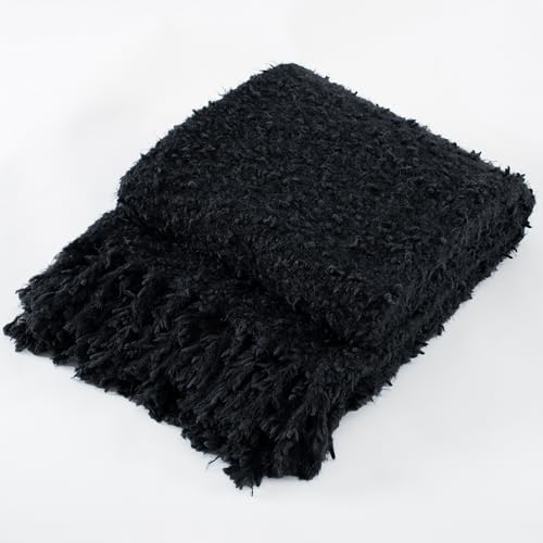 Knit Throw Blanket Fluffy Fuzzy Soft Lightweight Cozy Farmhouse Tassels Chunky Knitted Throws for Couch Sofa Bed (Black, 50"x60") - color: Black, size: 50"x60"