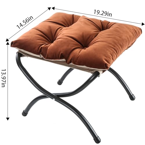 15" Foldable Foot Stool Ottoman with Metal Frame - Washable Brown Upholstered Indoor/Outdoor Footrest for Living Room, Bedroom, Patio - Space-Saving Compact Design - color: Brown