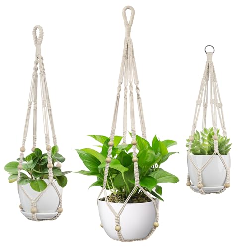 USLAI Macrame Plant Hanger Indoor Outdoor, Fits 4 to 15 Inch Pots, Strong Hanging Planter Holder, Boho Home Decor, 23+29+35 Inch, Ivory (POTS NOT Included) - color: Ivory, size: 35+29+23 Inch
