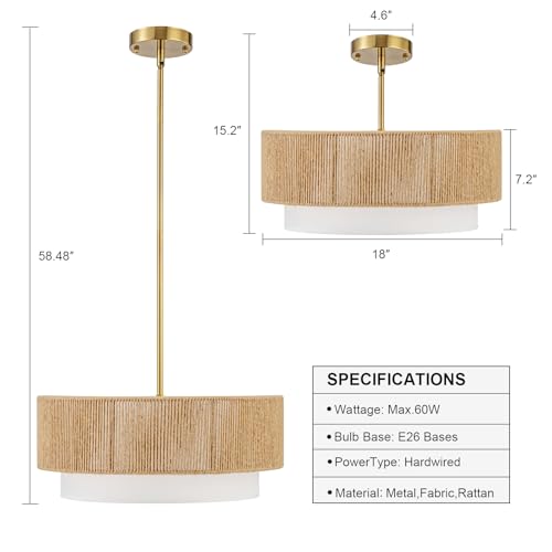 SineRise 18'' Farmhouse Rattan Chandeliers for Dining Room,3-Light Boho Light Fixtures Rattan Pendant Light Fixture with Fabric Shade Drum Chandeliers for Bedroom Dining Room Foyer Kitchen Hallway - color: Gold, size: 18 inch Drum