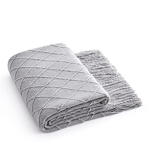 Acrylic Knitted Throw Blanket, Lightweight and Soft Cozy Decorative Woven Blanket with Tassels for Couch, Bed, Sofa, Travel, Suitable for All Seasons, 50 x 60 Inches, Grey - color: Grey